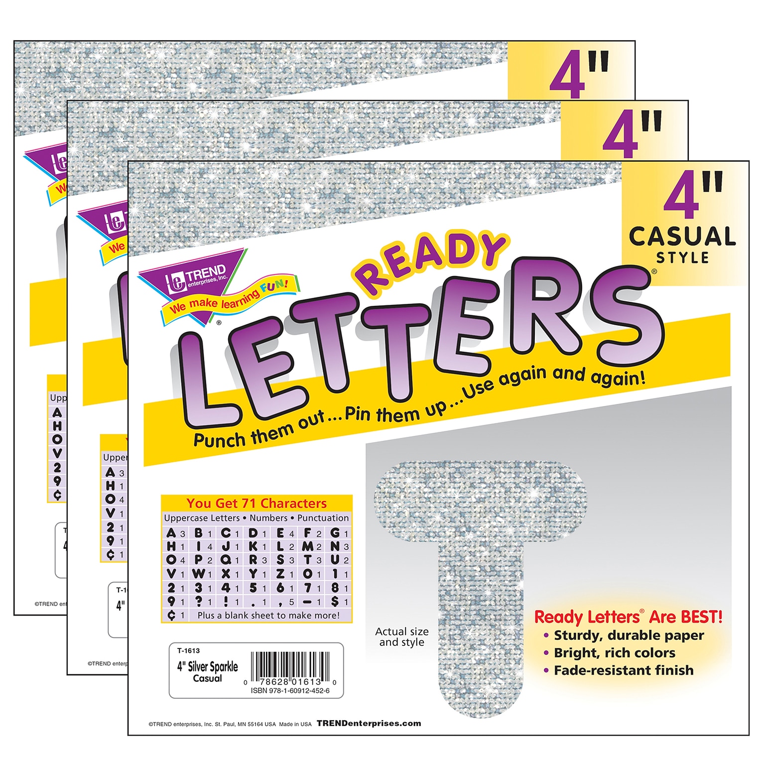 TREND 4 Casual Uppercase Ready Letters®, Silver Sparkle, 71 Per Pack, 3 Packs (T-1613-3)