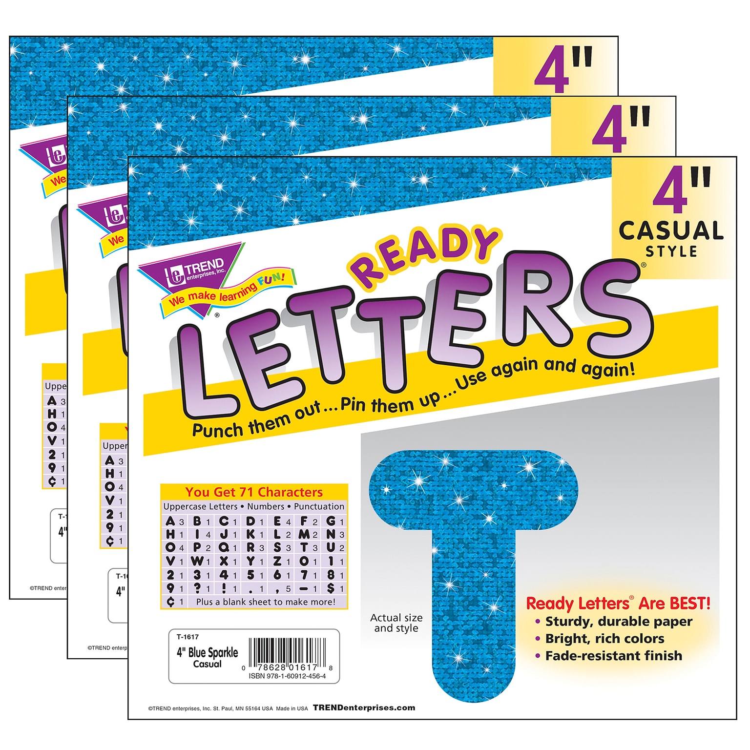 TREND 4 Casual Uppercase Ready Letters®, Blue Sparkle, 71 Per Pack, 3 Packs (T-1617-3)