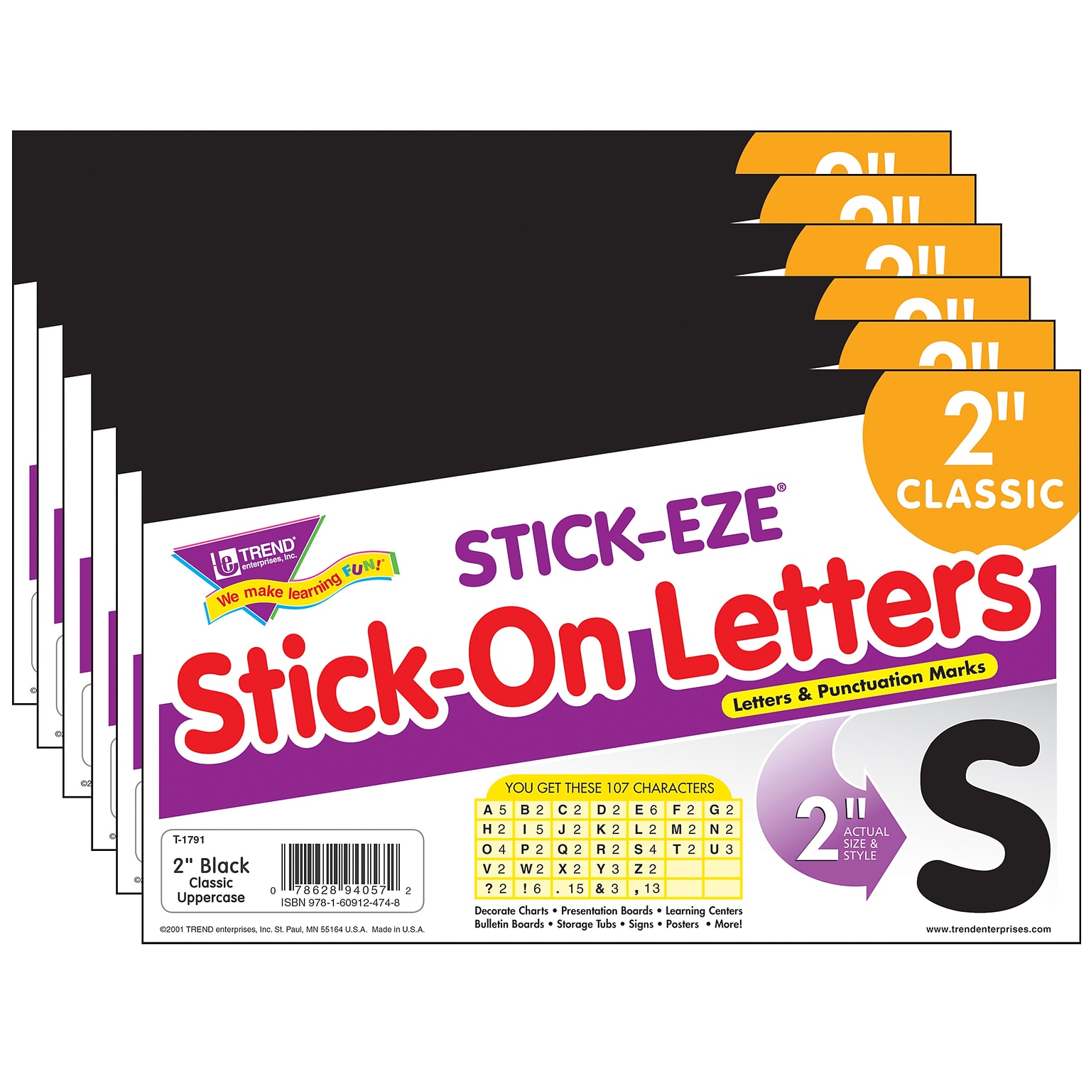 TREND STICK-EZE® 2 Stick-On Letters, Black, 107 Pieces Per Pack, 6 Packs (T-1791-6)