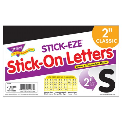 TREND STICK-EZE® 2" Stick-On Letters, Black, 107 Pieces Per Pack, 6 Packs (T-1791-6)