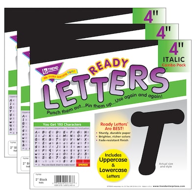 TREND Italic Uppercase/Lowercase Combo Pack (EN/SP) Ready Letters, Black, 193/Pack, 3 Packs (T-2703-