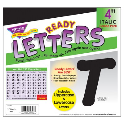 TREND Italic Uppercase/Lowercase Combo Pack (EN/SP) Ready Letters, Black, 193/Pack, 3 Packs (T-2703-3)