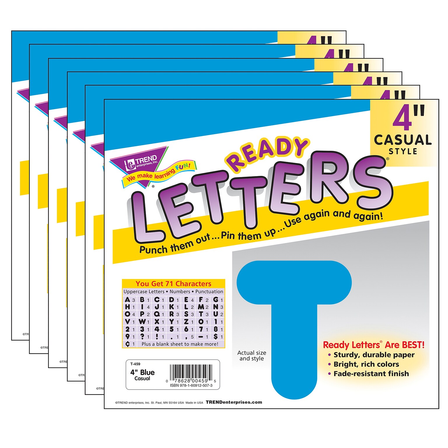 TREND 4 Casual Uppercase Ready Letters®, Blue, 71 Per Pack, 6 Packs (T-459-6)