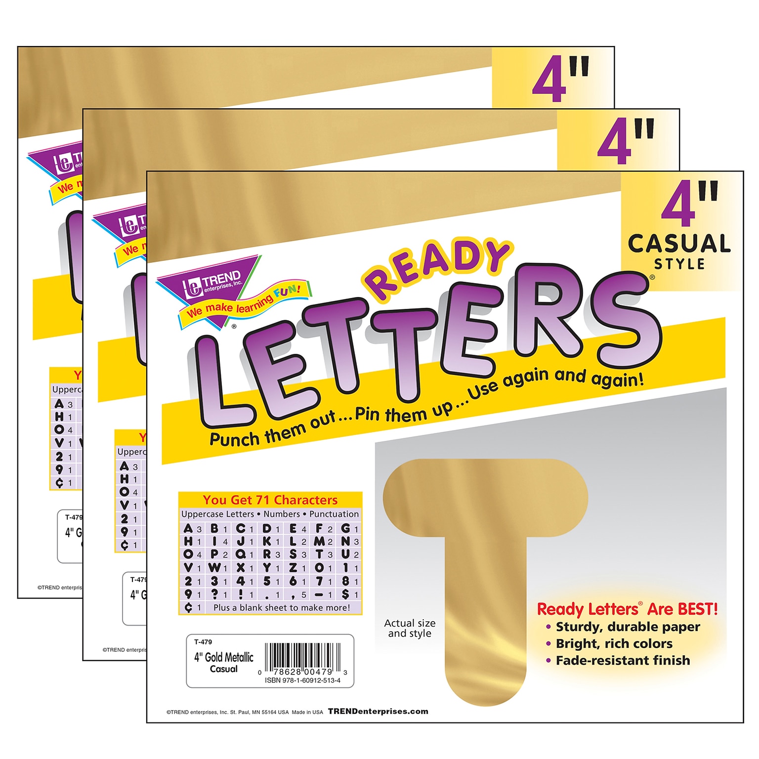 TREND 4 Casual Uppercase Ready Letters, Gold, 71/Pack, 3 Packs (T-479-3)