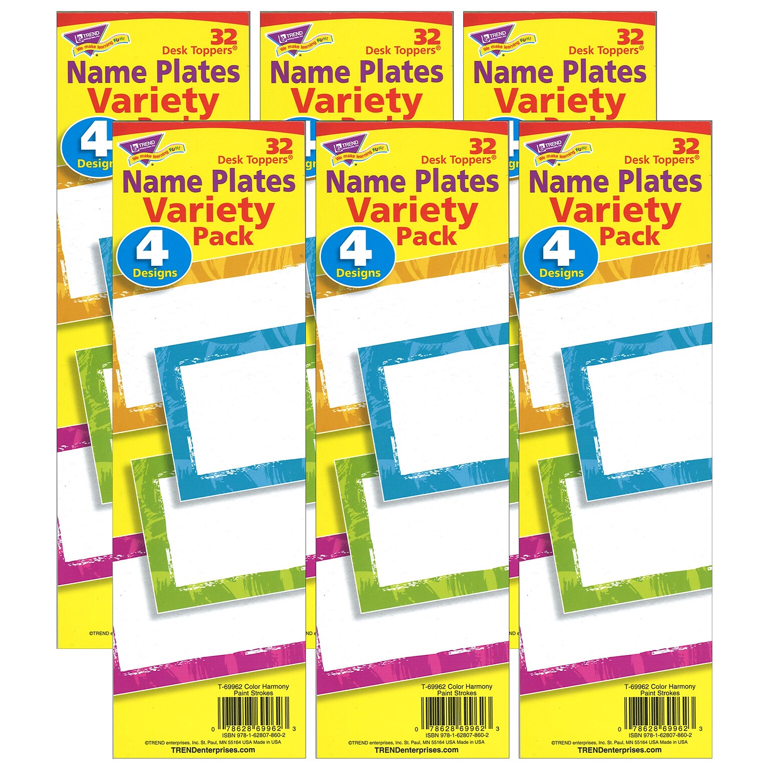 TREND Color Harmony™ Paint Strokes Desk Toppers® Nameplates Variety Pack, 9.5 x 2.88, 32 Per Pack, 6 Packs (T-69962-6)