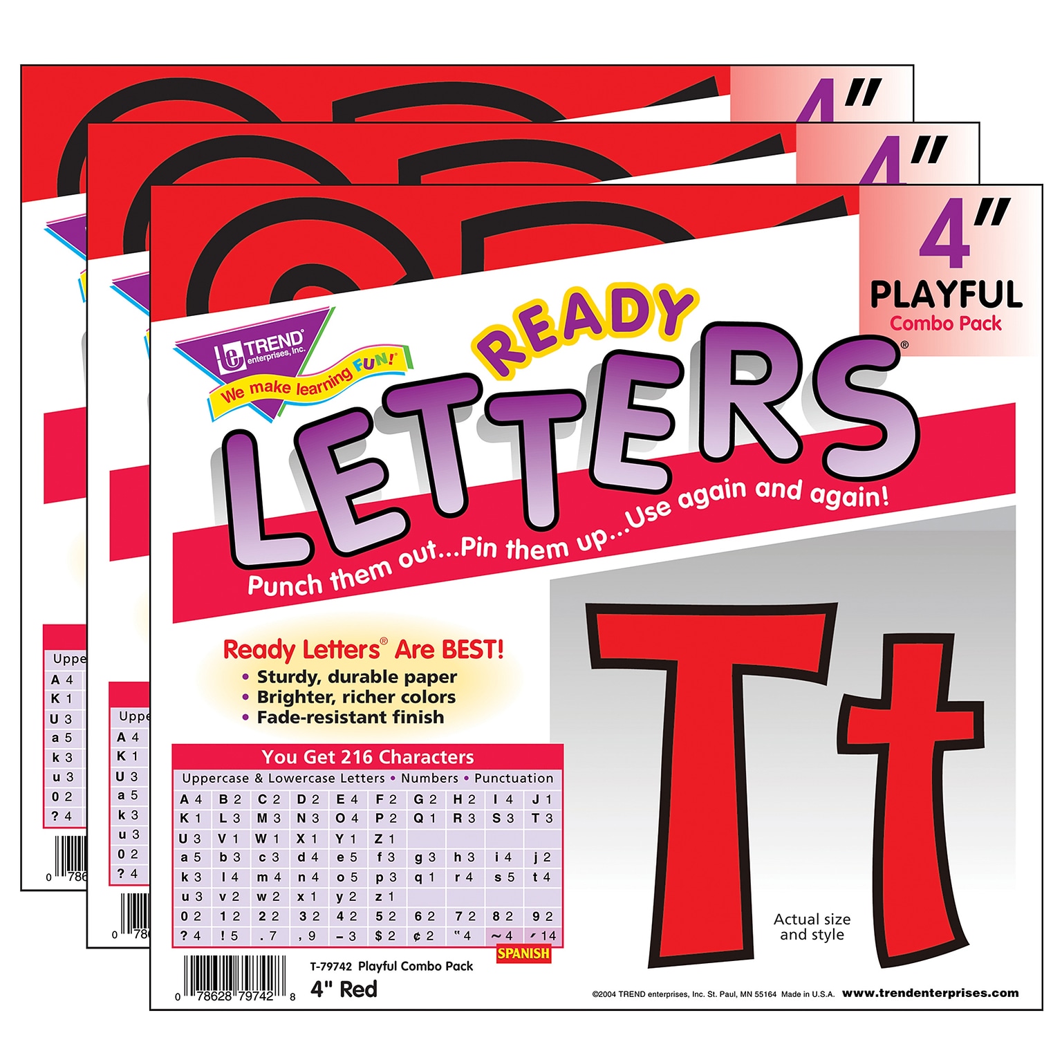 TREND 4 Playful Uppercase/Lowercase Combo Pack (EN/SP) Ready Letters®, Red, 216 Per Pack, 3 Packs (T-79742-3)