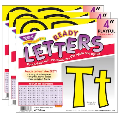 TREND 4 Playful Uppercase/Lowercase Combo Pack (EN/SP) Ready Letters, Yellow, 216/Pack, 3 Packs (T-