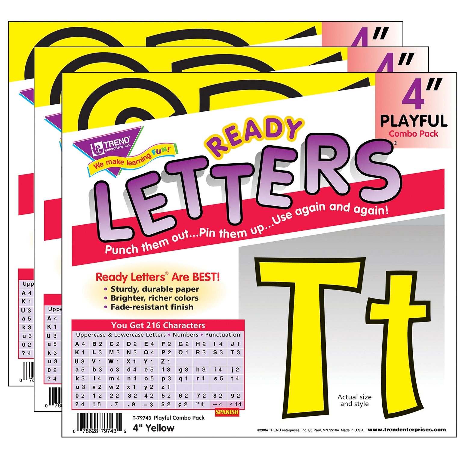 TREND 4 Playful Uppercase/Lowercase Combo Pack (EN/SP) Ready Letters, Yellow, 216/Pack, 3 Packs (T-79743-3)
