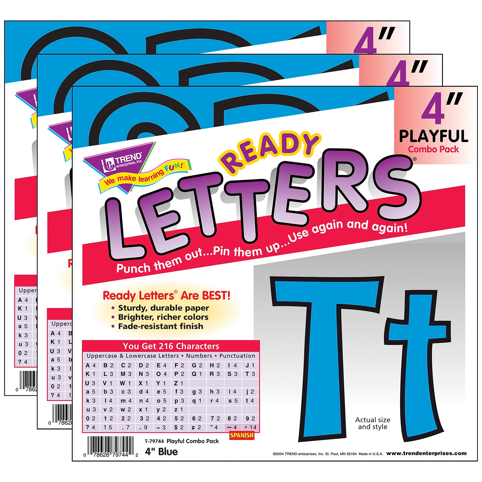 TREND 4 Playful Uppercase/Lowercase Combo Pack (EN/SP) Ready Letters®, Blue, 216 Per Pack, 3 Packs (T-79744-3)