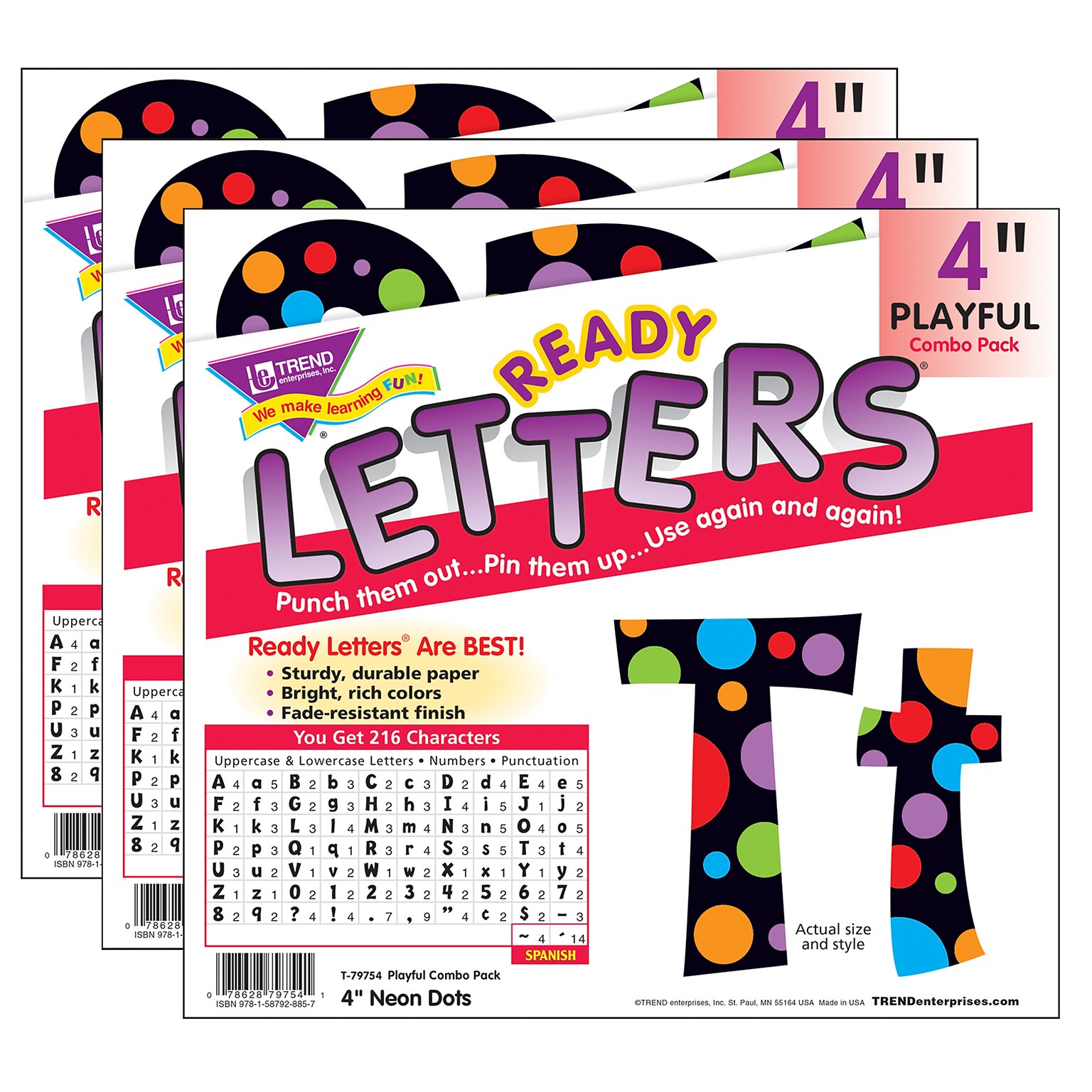 TREND 4 Playful Uppercase/Lowercase Combo Pack (EN/SP) Ready Letters®, Neon Dots, 216 Per Pack, 3 Packs (T-79754-3)