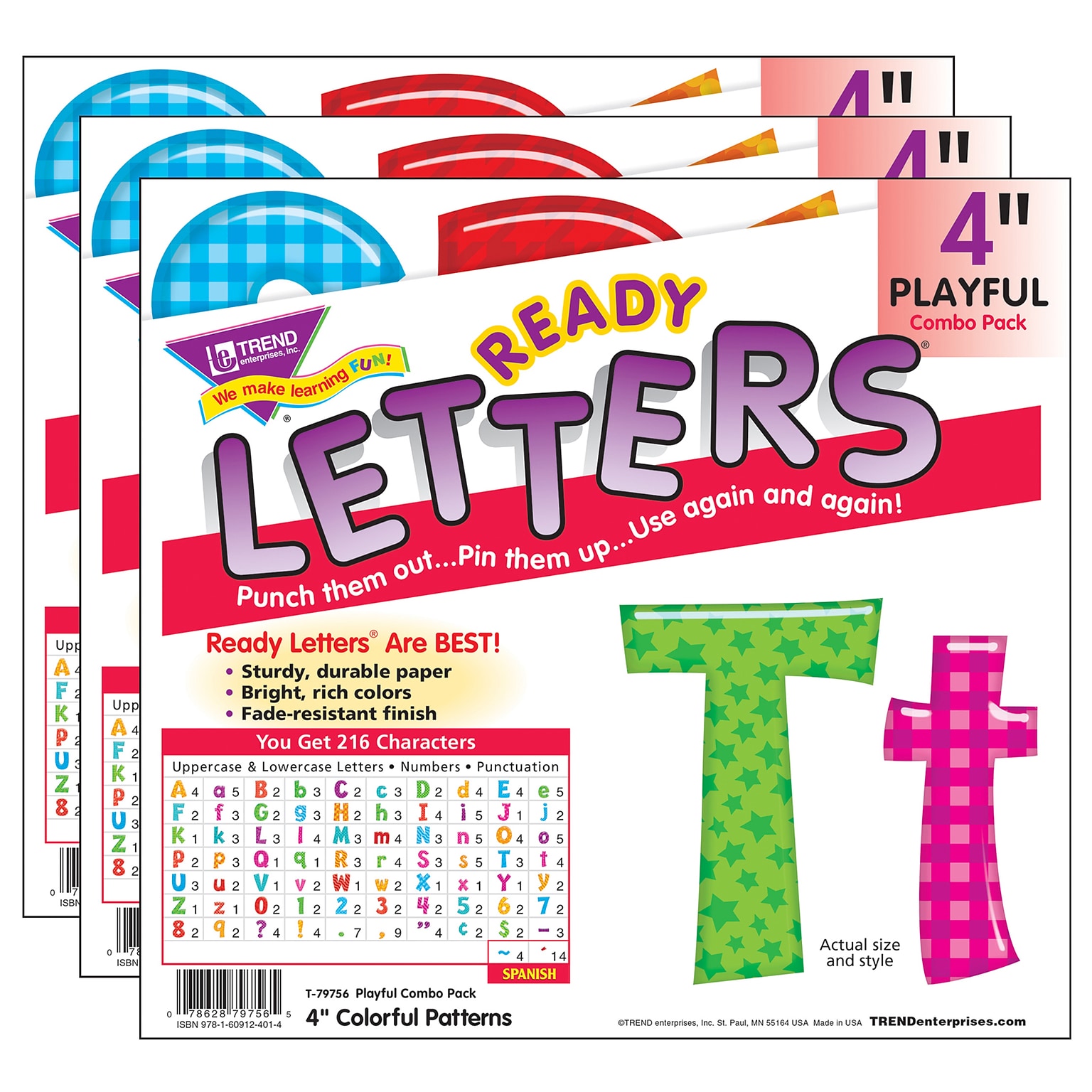 TREND 4 Playful Uppercase/Lowercase Combo Pack (EN/SP) Ready Letters®, Colorful Patterns, 216 Per Pack, 3 Packs (T-79756-3)