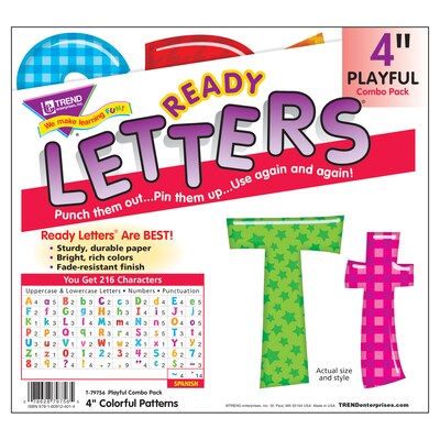 TREND 4" Playful Uppercase/Lowercase Combo Pack (EN/SP) Ready Letters®, Colorful Patterns, 216 Per Pack, 3 Packs (T-79756-3)