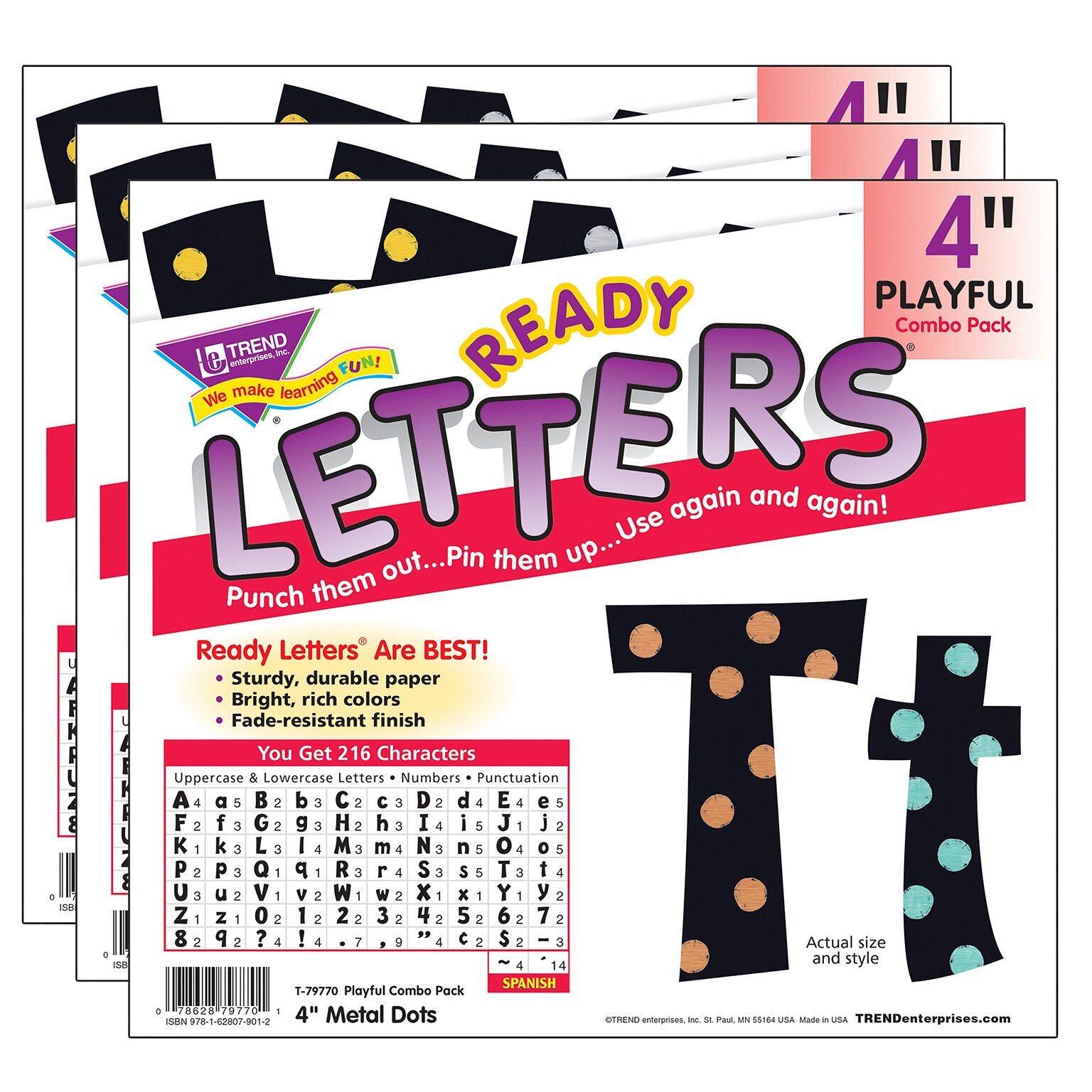 TREND 4 Playful Uppercase/Lowercase Combo Pack (EN/SP) Ready Letters®, Metal Dots, 216 Per Pack, 3 Packs (T-79770-3)