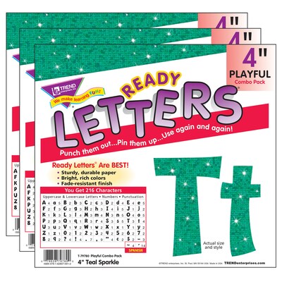 TREND 4 Playful Uppercase/Lowercase Combo Pack (EN/SP) Ready Letters®, Teal Sparkle, 216 Per Pack, 3 Packs (T-79780-3)