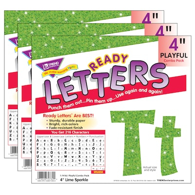 TREND 4 Playful Uppercase/Lowercase Combo Pack (EN/SP) Ready Letters, Lime Sparkle, 216/Pack, 3 Pac