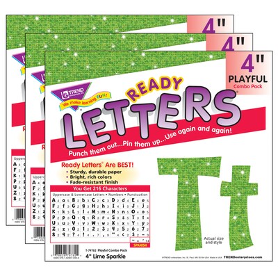 TREND 4 Playful Uppercase/Lowercase Combo Pack (EN/SP) Ready Letters, Lime Sparkle, 216/Pack, 3 Pac