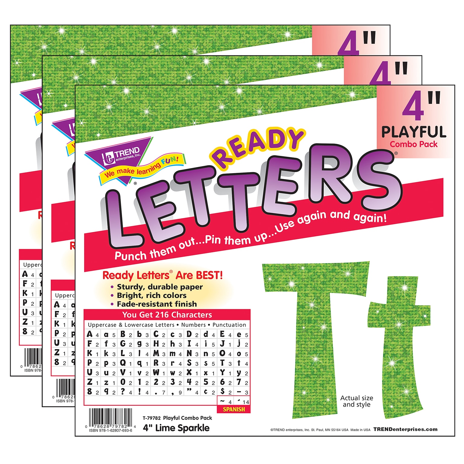 TREND 4 Playful Uppercase/Lowercase Combo Pack (EN/SP) Ready Letters, Lime Sparkle, 216/Pack, 3 Packs (T-79782-3)