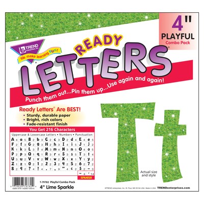 TREND 4" Playful Uppercase/Lowercase Combo Pack (EN/SP) Ready Letters, Lime Sparkle, 216/Pack, 3 Packs (T-79782-3)