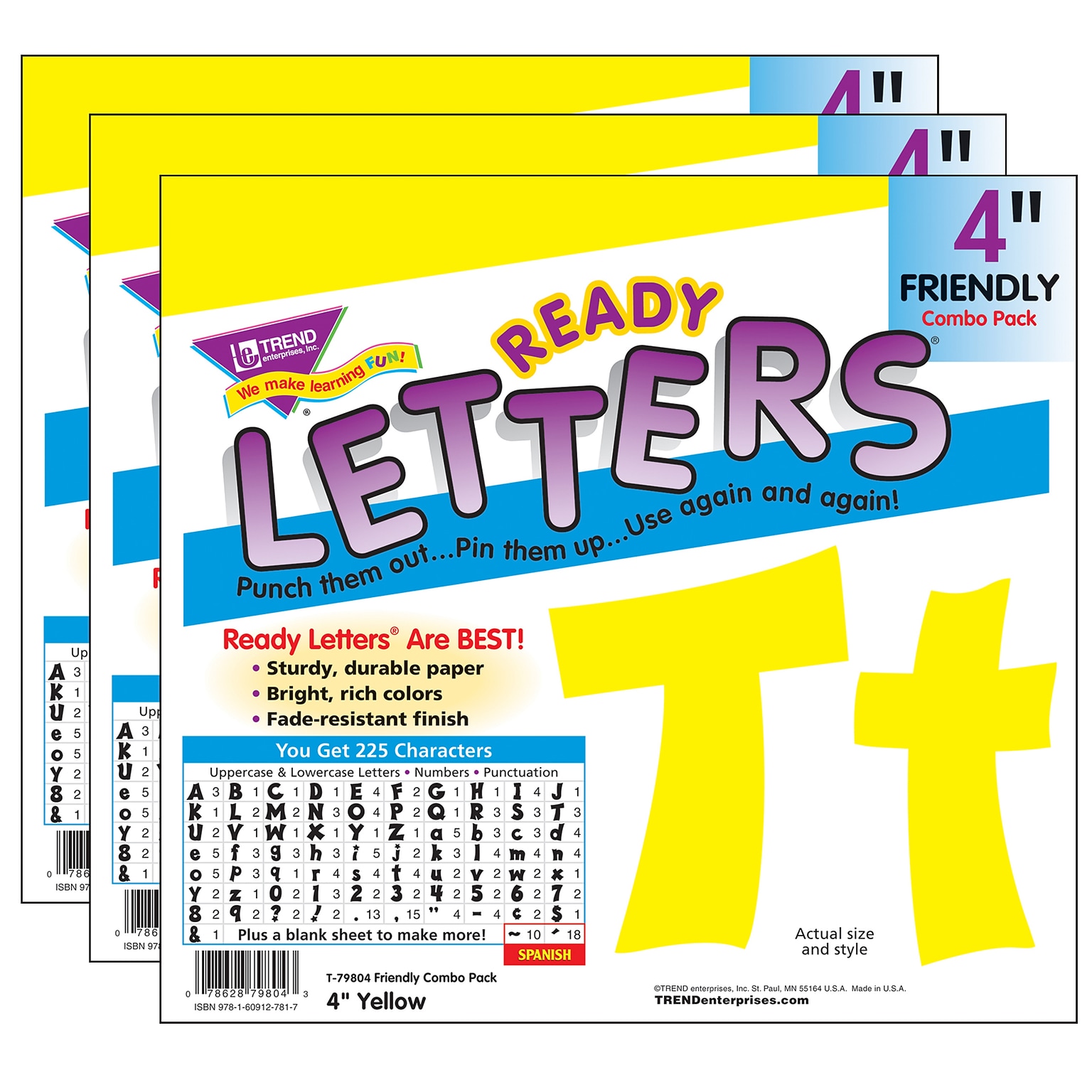 TREND 4 Playful Uppercase/Lowercase Combo Pack (EN/SP) Ready Letters, Yellow, 225/Pack, 3 Packs (T-79804-3)