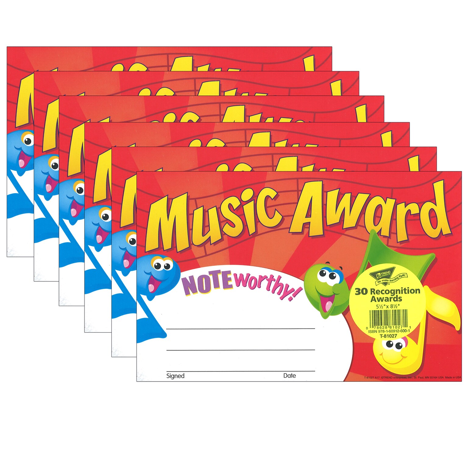 Trend Music Award Recognition Awards, 5.5 x 8.5, 30 Per Pack, 6 Packs (T-81027-6)