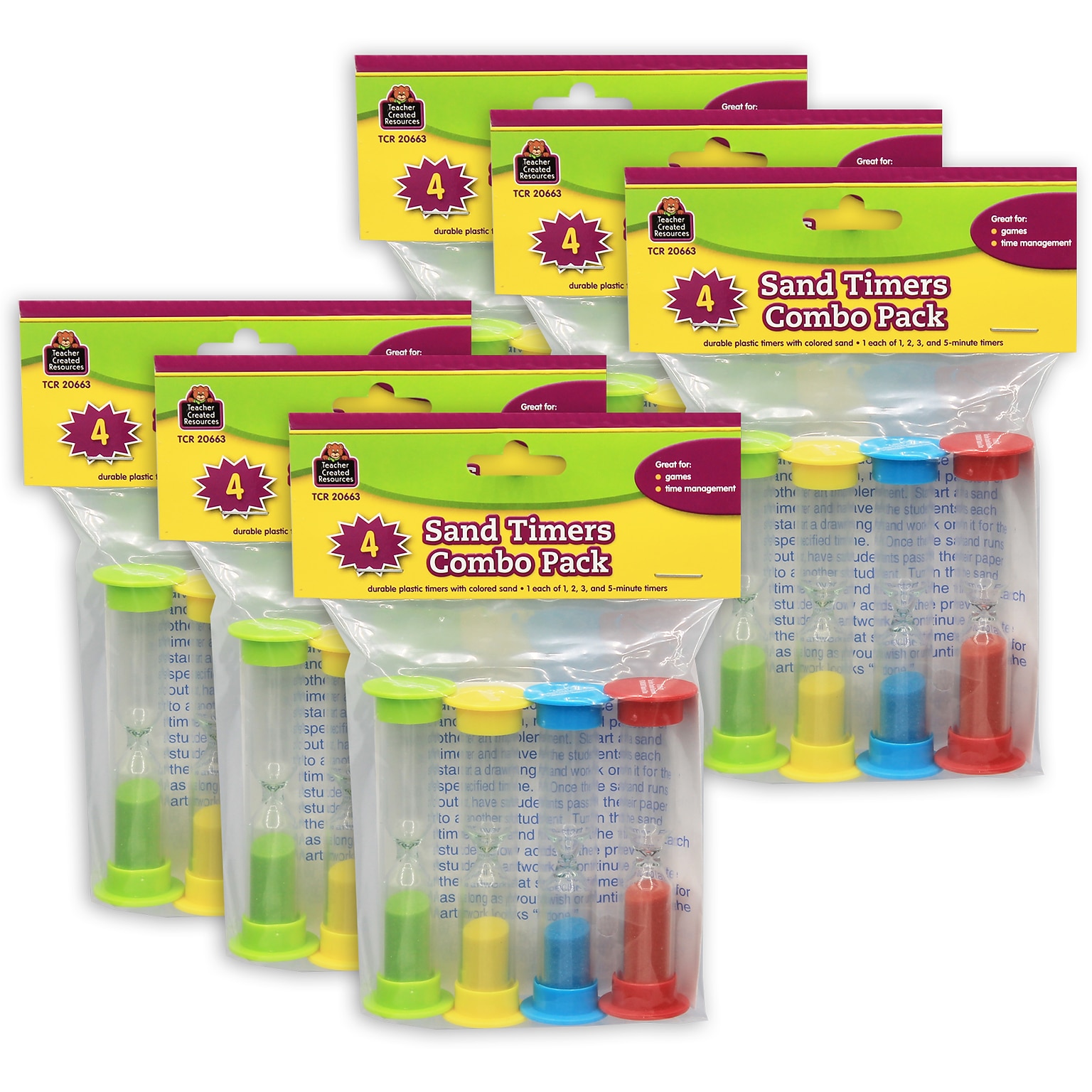 Teacher Created Resources Small Sand Timers Combo Pack, Assorted Colors, 4 Per Pack, 6 Packs (TCR20663-6)