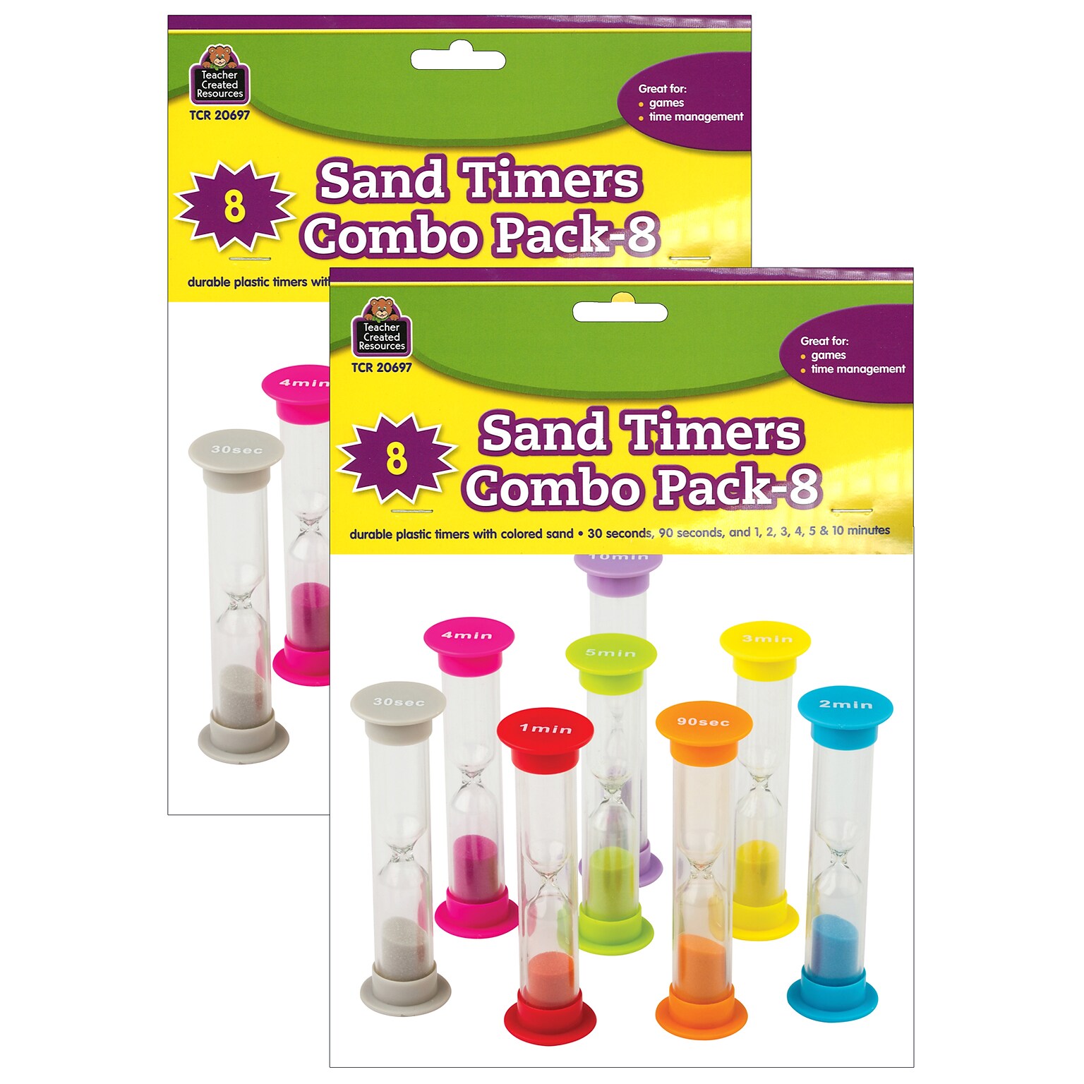 Teacher Created Resources Small Sand Timers Combo, Assorted Colors & Times, 8 Per Pack, 2 Packs (TCR20697-2)