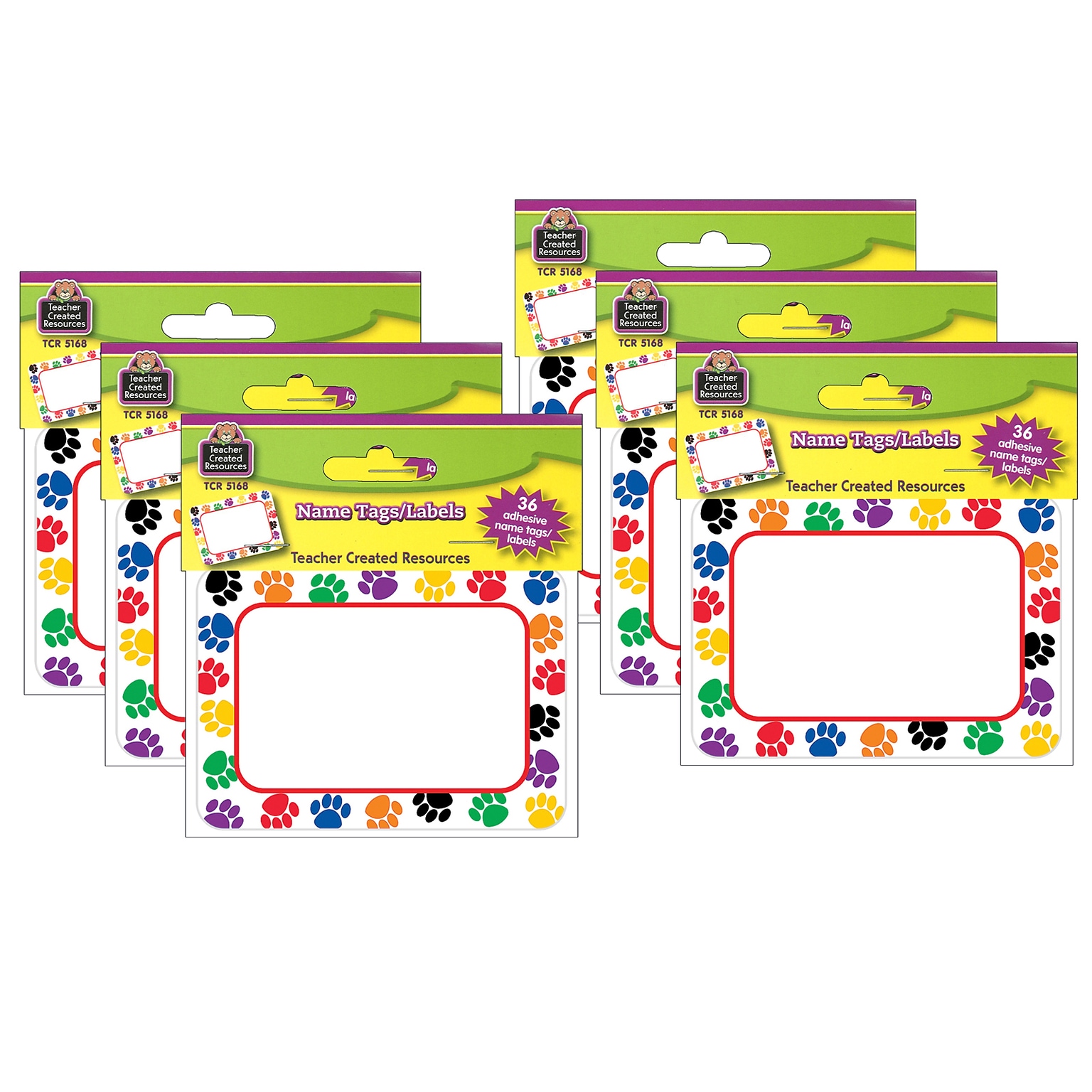 Teacher Created Resources Colorful Paw Prints Name Tags, 3.5 x 2.5, 36 Per Pack, 6 Packs (TCR5168-6)