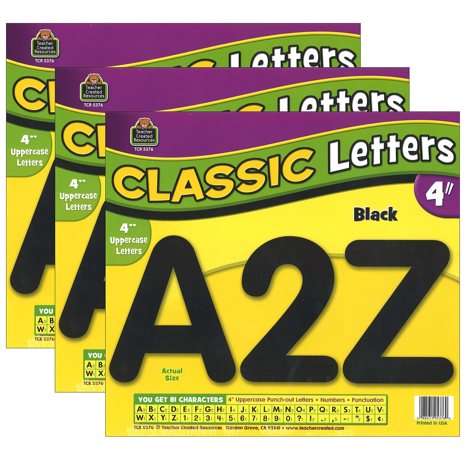 Teacher Created Resources 4 Classic Font Uppercase Letters, Black, 81 Pieces/Pack, 3 Packs (TCR5376-3)