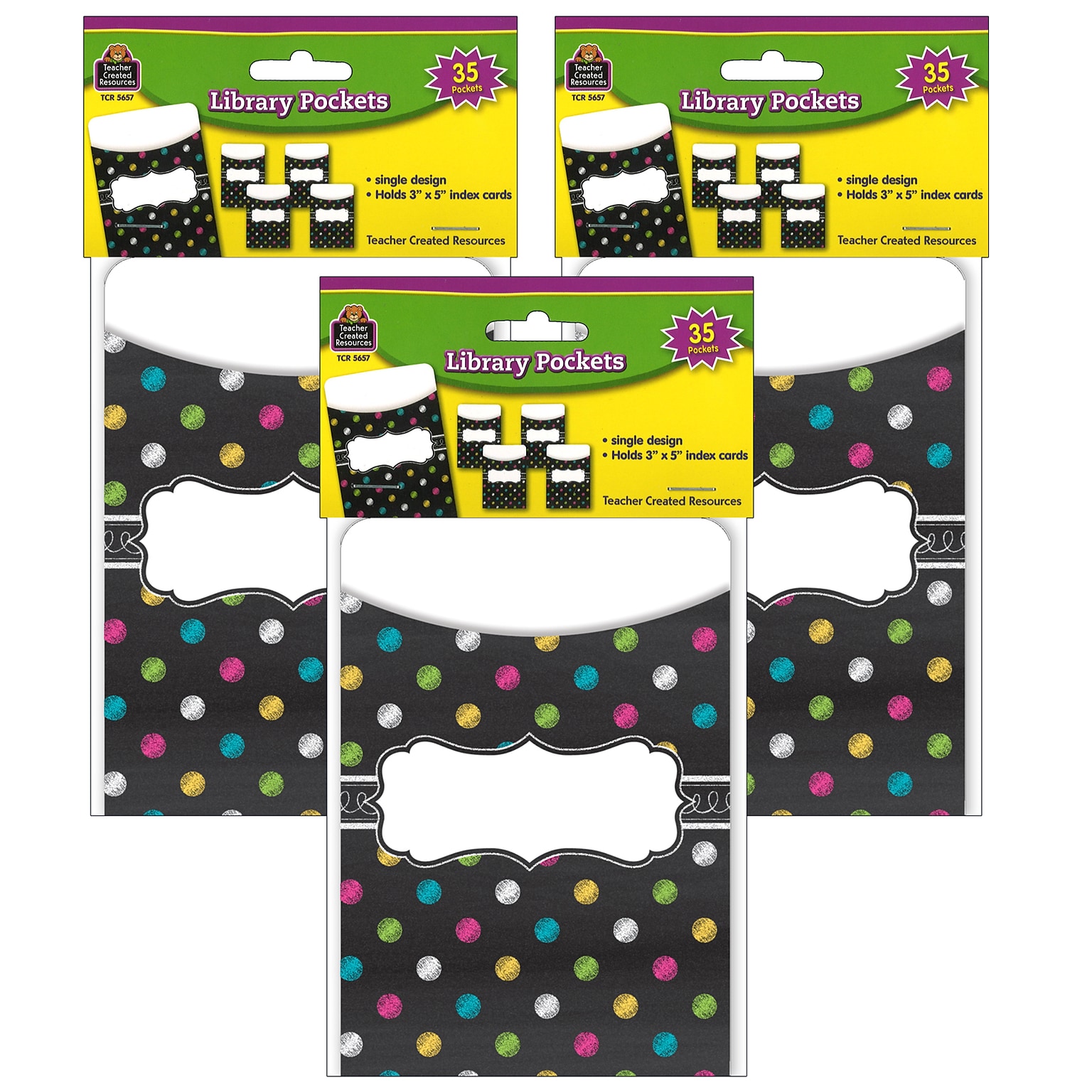 Teacher Created Resources Chalkboard Brights Library Pockets, 35 Per Pack, 3 Packs (TCR5657-3)