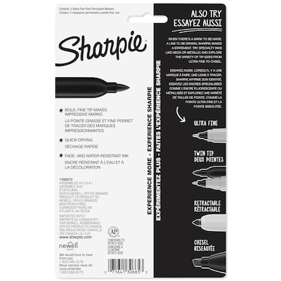 Sharpie Permanent Marker, Fine Tip, Black, 5/Pack (30665)