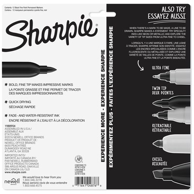 Sharpie Permanent Marker, Fine Tip, Black, 12/Pack (1812419)