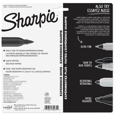 Sharpie Permanent Marker, Fine Tip, Assorted, 12/Pack (30075/30072)