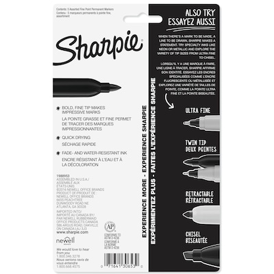 Sharpie Permanent Markers, Fine Tip, Assorted, 5/Pack (30653)