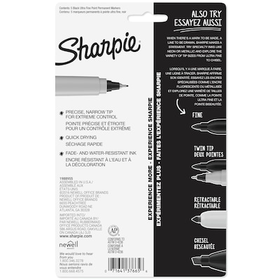Sharpie Permanent Markers, Ultra Fine Tip, Black, 5/Pack (37665)