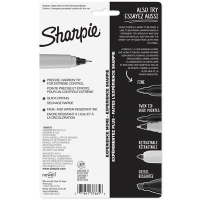Sharpie Permanent Marker, Ultra Fine Tip, Black, 5/Pack (37665PP)