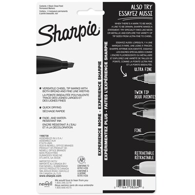 Sharpie Tank Permanent Marker, Chisel Tip, Black, 4/Pack (38264PP)