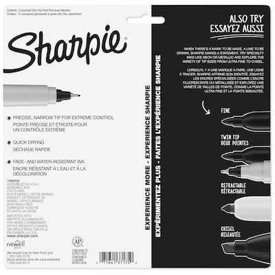 Sharpie Permanent Markers, Ultra Fine Tip, Assorted, 12/Pack (37175)