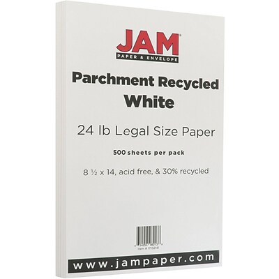 JAM Paper Legal Parchment 30% Recycled Paper, 24 lbs., 8.5 x 14, White, 500 Sheets/Ream (17132141B)