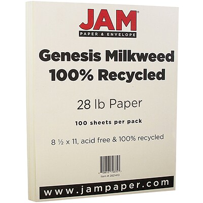 JAM Paper Recycled 28lb Paper, 8.5 x 11, Genesis Milkweed, 100 Sheets/Pack (2821410)