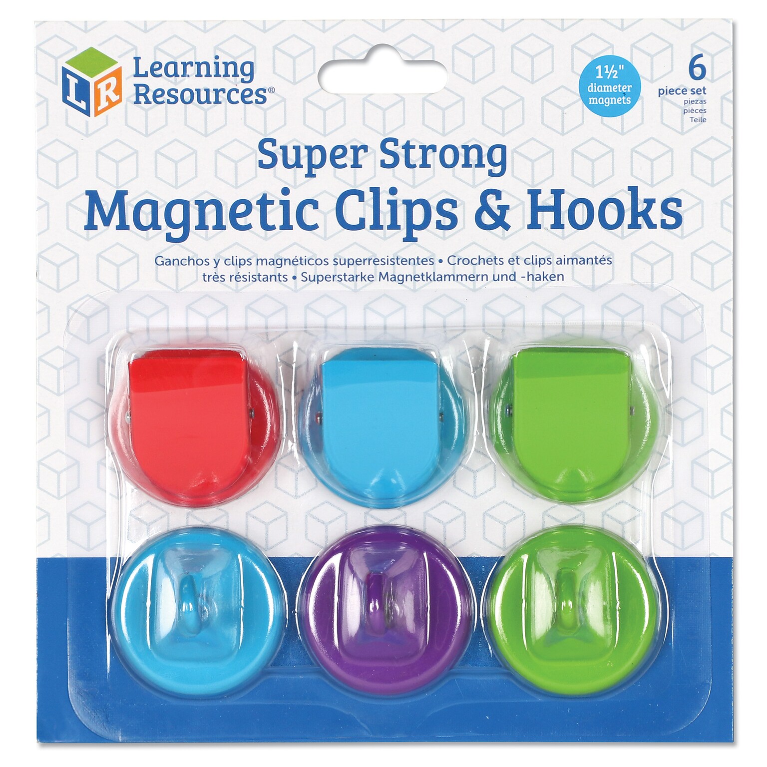 Learning Resources Super Strong Magnetic Clips and Hooks, 1 1/2” dia., Assorted Colors, Pack of 6 (LER2691)