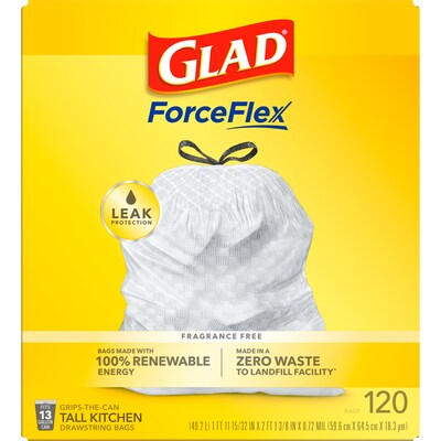 Glad® ForceFlex Tall Kitchen Drawstring Trash Bags – 13 Gallon White Trash Bag, Unscented , 120 Count Each (78564)