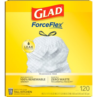 Glad® ForceFlex Tall Kitchen Drawstring Trash Bags – 13 Gallon White Trash Bag, Unscented , 120 Count Each (78564)