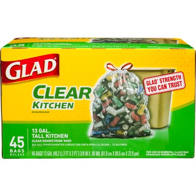 Glad Tall Kitchen Drawstring Recycling Bags, 13 Gallon Clear Trash Bag, 45/Box (78543)