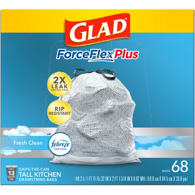Glad ForceFlexPlus Tall Kitchen Drawstring Trash Bags, 13 Gal., Fresh Clean with Febreze Freshness, 68/Box (78535)