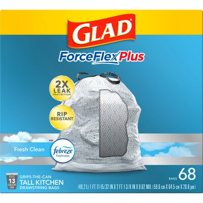 Glad ForceFlexPlus Tall Kitchen Drawstring Trash Bags, 13 Gal., Fresh Clean with Febreze Freshness, 68/Box (78535)
