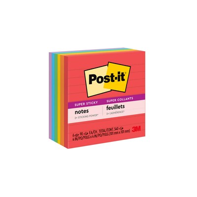 Post-it Super Sticky Notes, 4 x 4, Playful Primaries Collection, Lined, 90 Sheets/Pad, 6 Pads/Pack