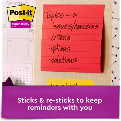 Post-it Super Sticky Notes, 4" x 4", Playful Primaries Collection, Lined, 90 Sheets/Pad, 6 Pads/Pack (675-6SSAN)