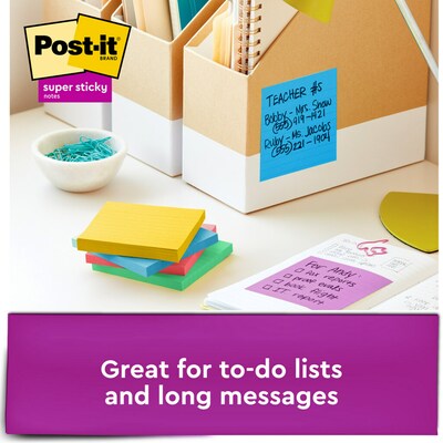 Post-it Super Sticky Notes, 4" x 4", Playful Primaries Collection, Lined, 90 Sheets/Pad, 6 Pads/Pack (675-6SSAN)