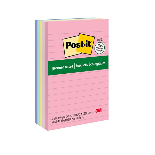 Post-it® Greener Notes, 4 x 6, Sweet Sprinkles Collection, Lined, 100 Sheets/Pad, 5 Pads/Pack (6605PKRPA)
