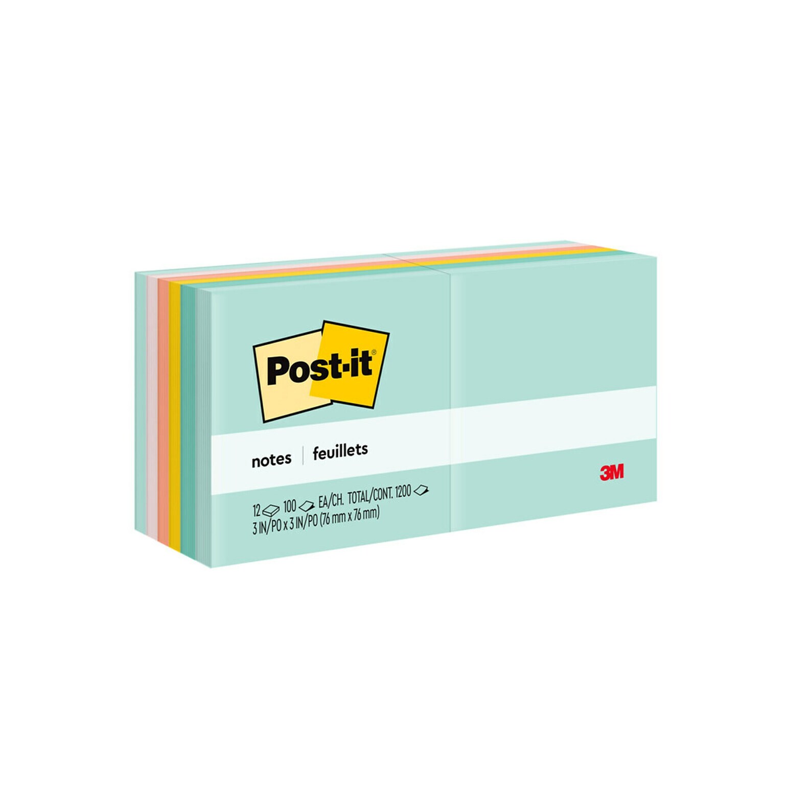 Post-it Notes, 3 x 3, Beachside Café Collection, 100 Sheets/Pad, 12 Pads/Pack (654-AST)